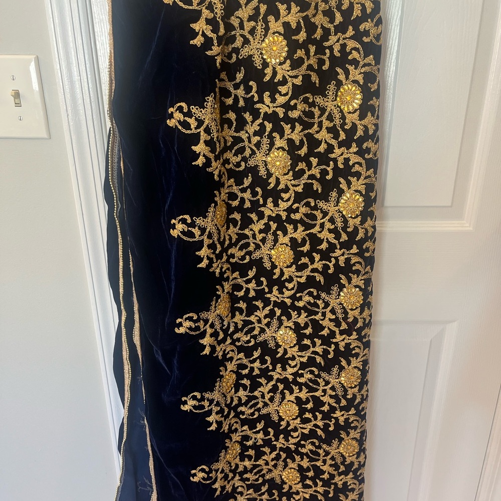 Pakistani Formal Velvet Shawl - Navy Blue with Gold Embroidery